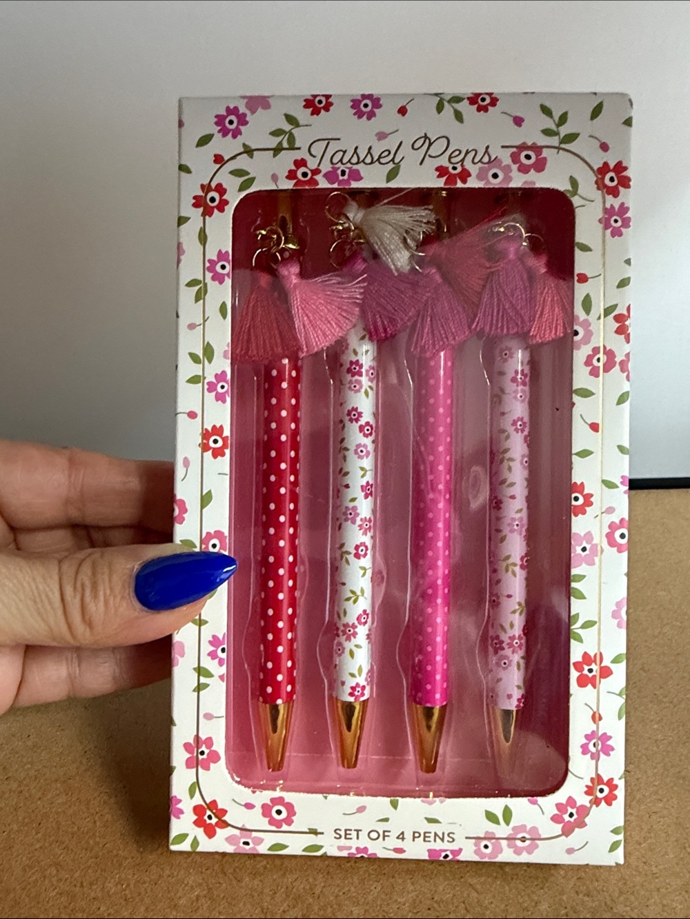 Set of 4 Pink Tassel Pens - Floral & Polka Dot Design